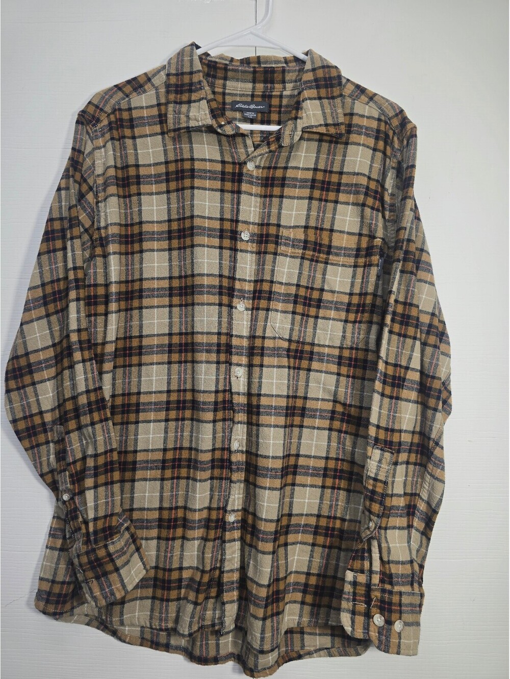 Eddie Bauer Mens Large Tan Brown Plaid Long Sleeve Flannel Button Down Shirt